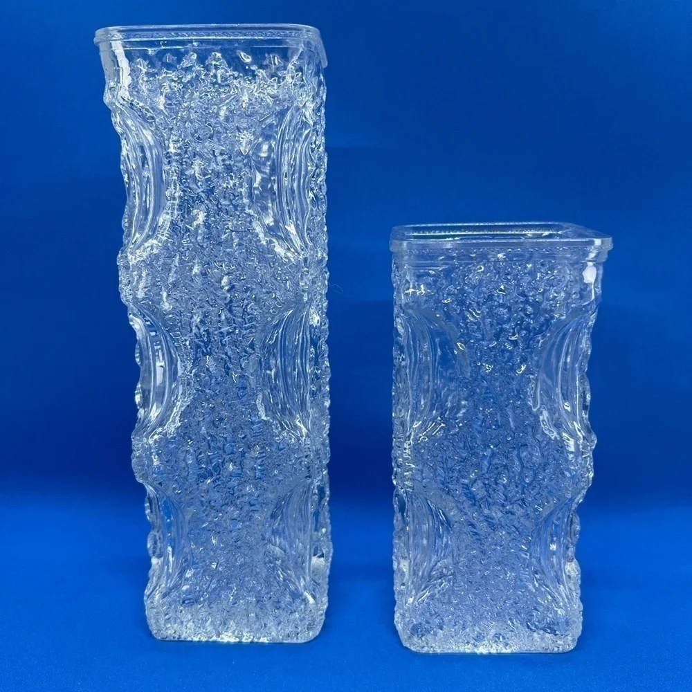 Oberglas Austria Textured Bark Glass Vases 1970's Ice Glass Small & Large